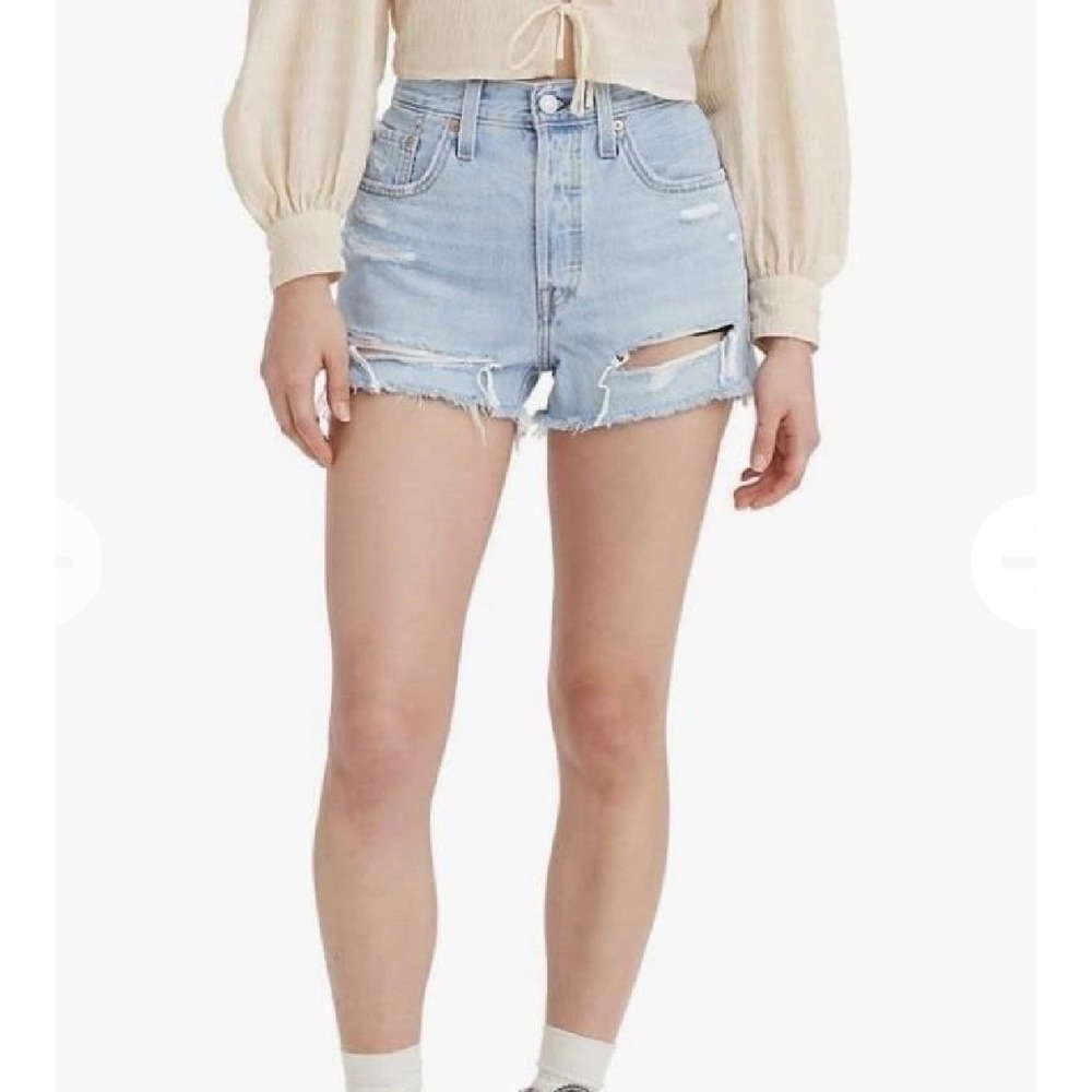 Levis‎ 501 Original Shorts Womens 32 Light Blue Distressed High Rise Button Fly